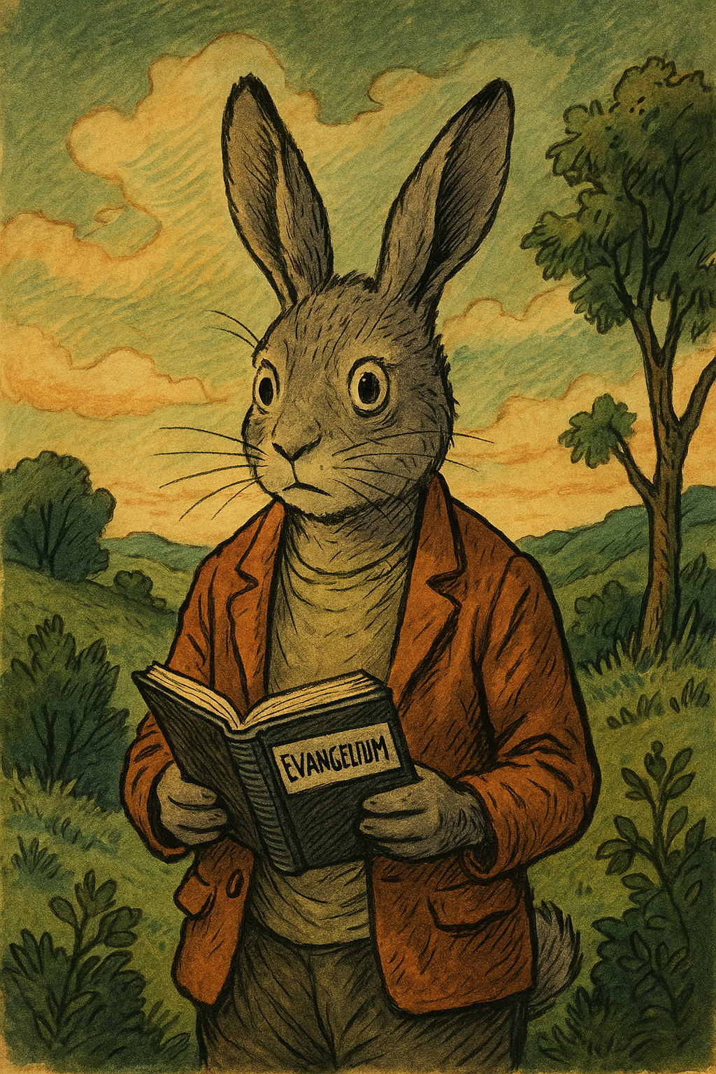 Evangelisk kanin läser ur bok i ett surrealistiskt landskap